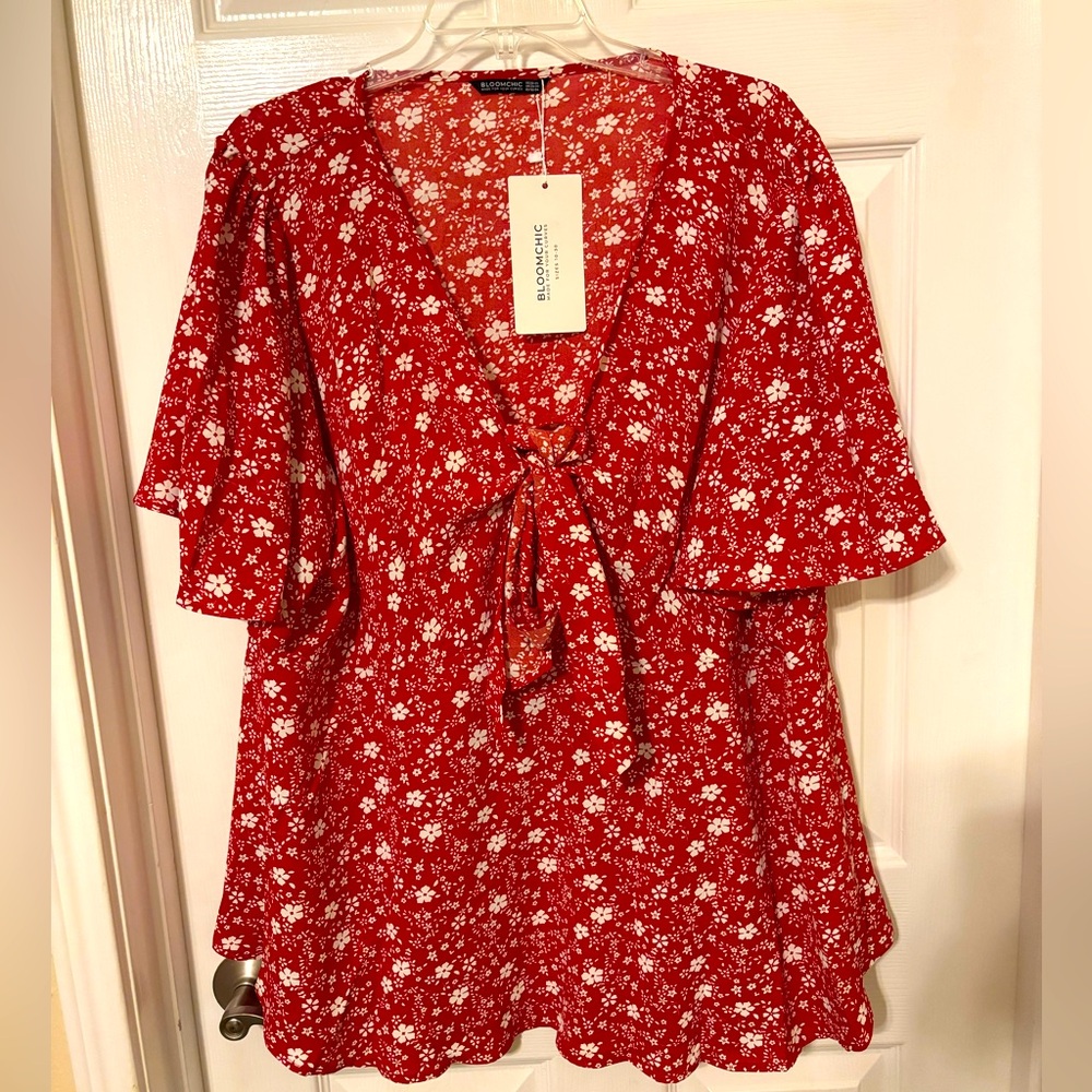 Bloomchic red & white bow tie blouse